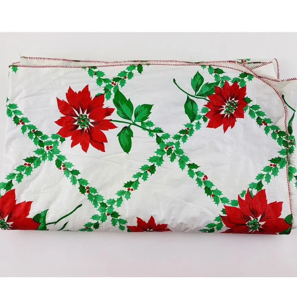 Vintage Vinyl Plastic Tablecloth Poinsettias Flannel Back Christmas Red Green Ea